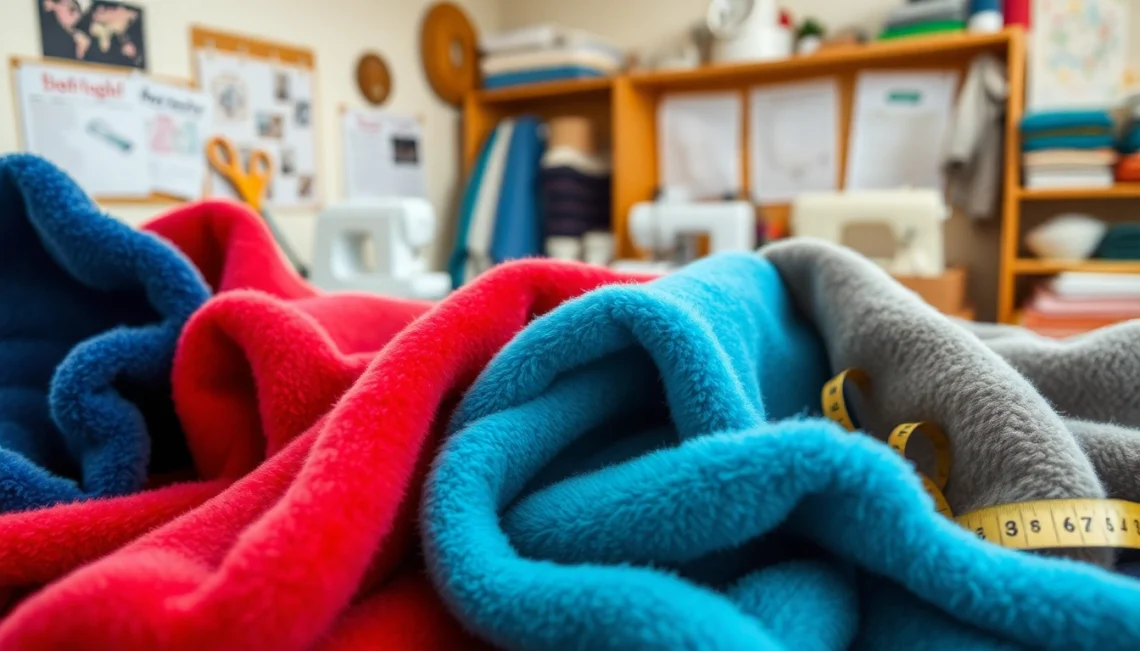 Fleece stoffen in verschillende kleuren tentoonstellen met textuurdetail en naaiaccessoires