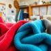 Fleece stoffen in verschillende kleuren tentoonstellen met textuurdetail en naaiaccessoires
