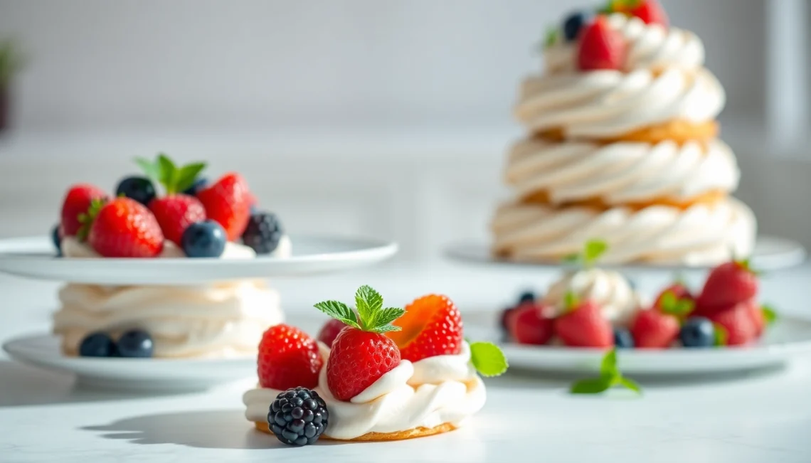 Maak een mousseline dessert met verse bessen op een elegante tafel.
