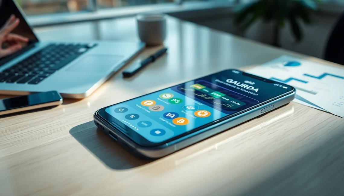 Showcase the gaurda wallet app interface on a smartphone in a modern workspace setting.