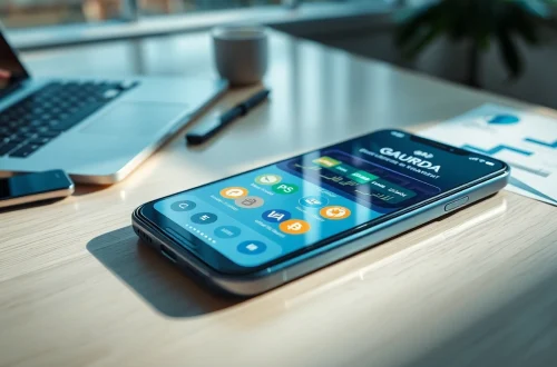 Showcase the gaurda wallet app interface on a smartphone in a modern workspace setting.