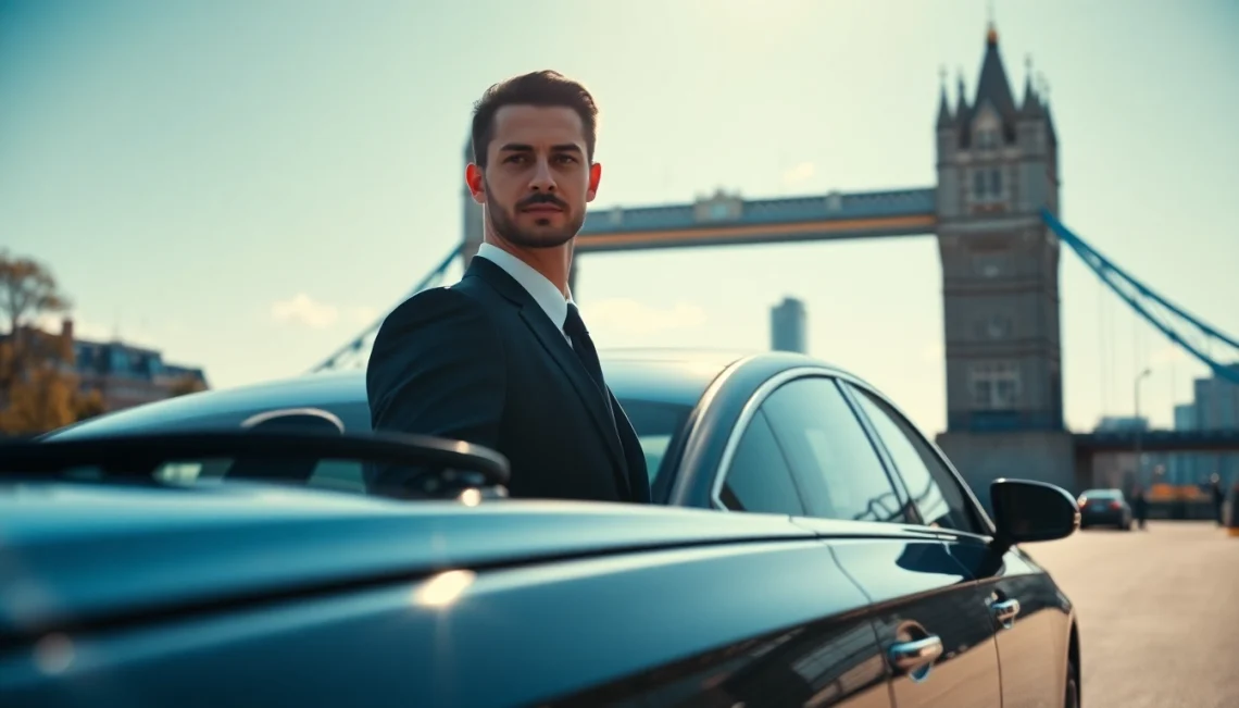 Experience the elegance of london chauffeur services in a luxury vehicle against the London skyline.
