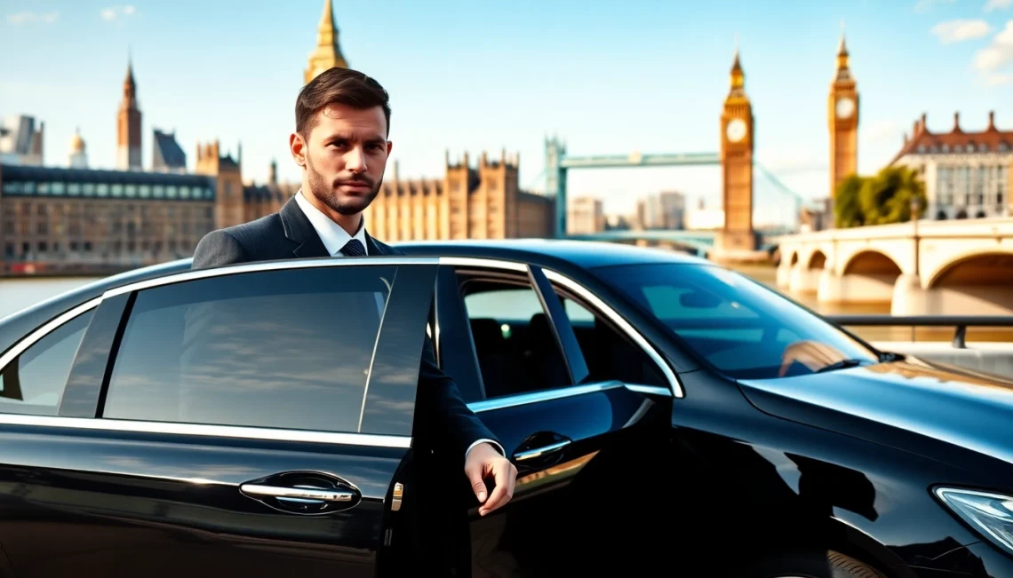 Private chauffeur London welcoming a distinguished passenger by a luxury sedan.
