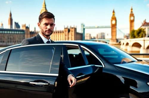 Private chauffeur London welcoming a distinguished passenger by a luxury sedan.