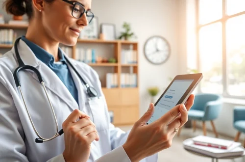 Engaging healthcare professional utilizing free eprescription apps on a tablet in a modern clinic.