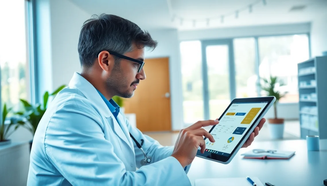 Doctors efficiently utilizing eprescribing software for doctors in a modern medical setting.